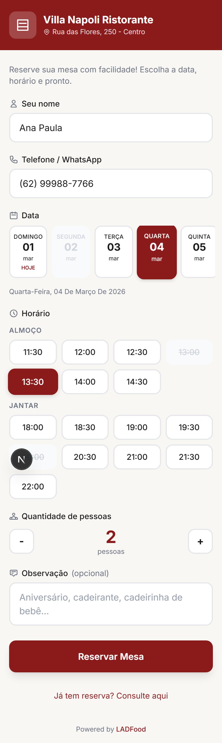 Formulário de reserva no celular