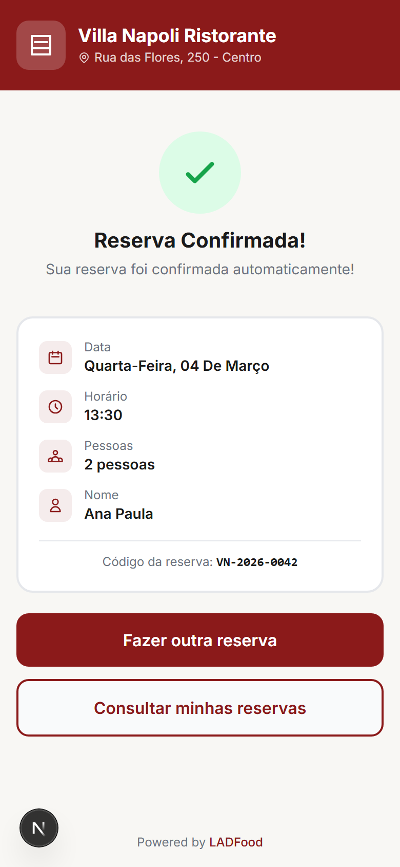 Confirmação de reserva